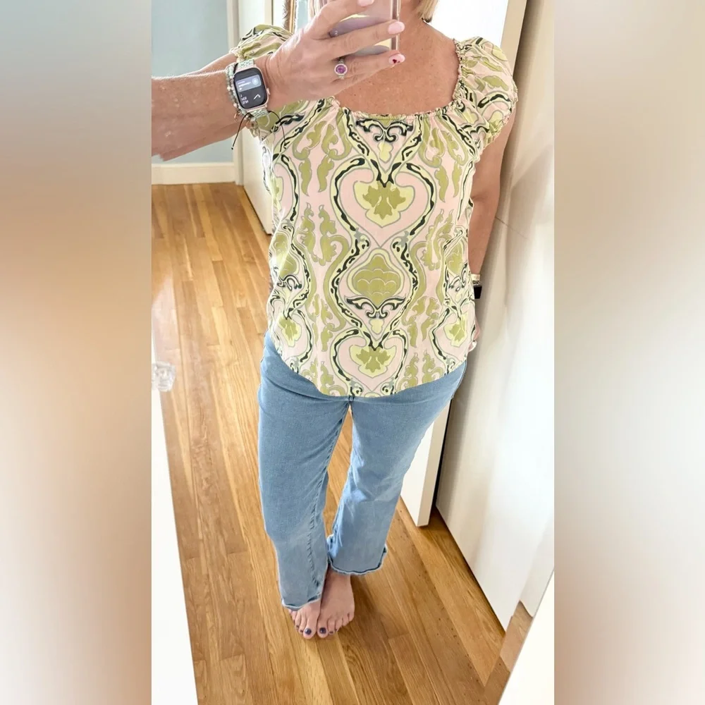 J.Crew Green & Pink Printed Smocked Top – Size S – 100% Cotton